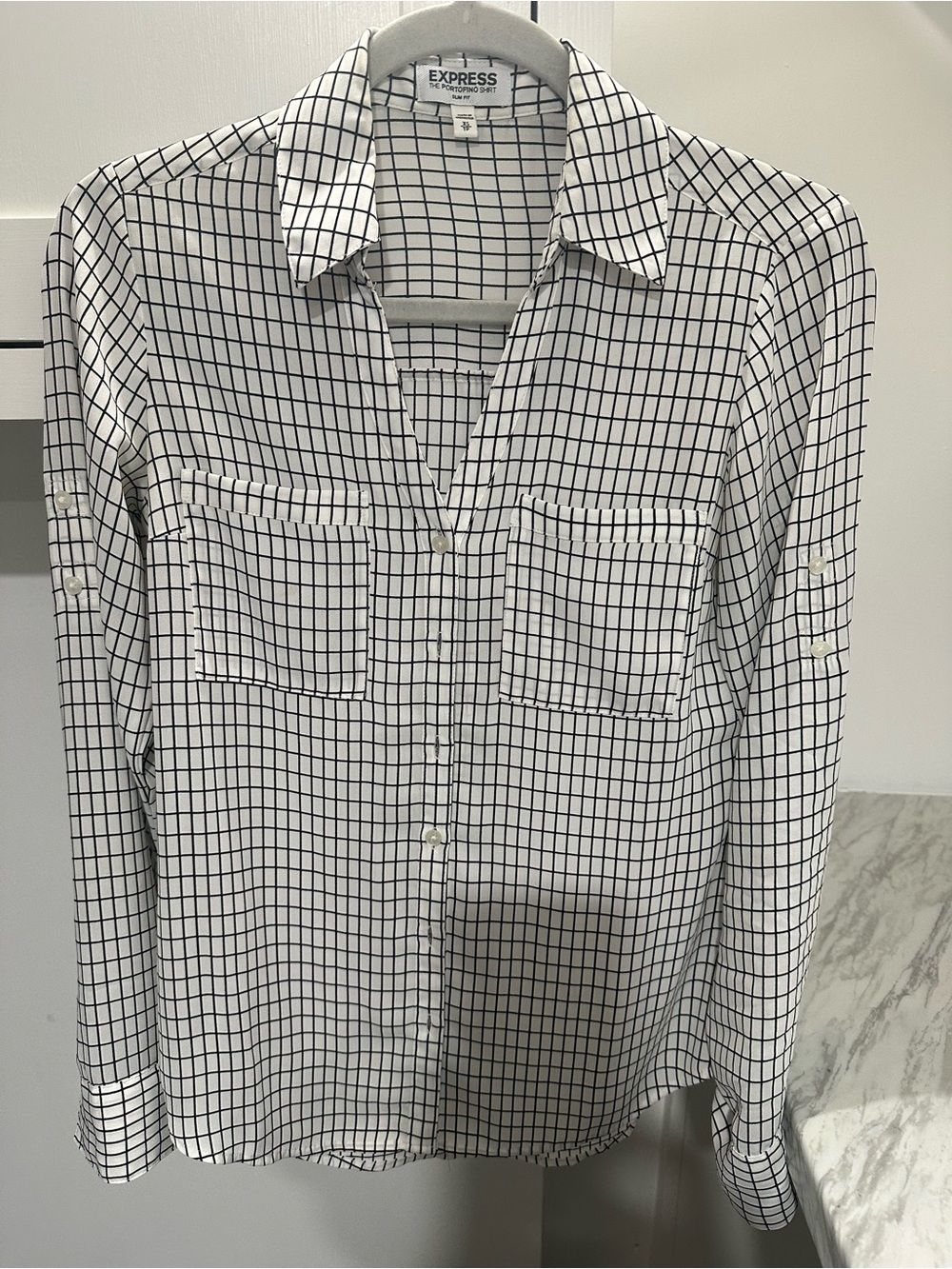 Express Women’s White and Black Windowpane Button-Up Shirt